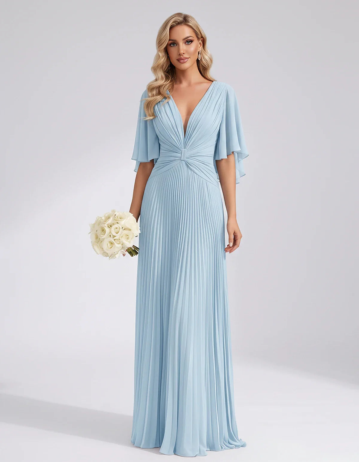 Pleated Chiffon Flutter Sleeve V-Neck A-Line Maxi Dress for Bridesmaid, Wedding Guest, Cocktail, Evening & Summer Events, fro | SKU: EMD-741852963074185-LIGHTBLUE-L,EMD-741852963074185-LIGHTBLUE-M,EMD-741852963074185-LIGHTBLUE-S,EMD-741852963074185-LIGHTBLUE-XL,EMD-741852963074185-LIGHTBLUE-XS