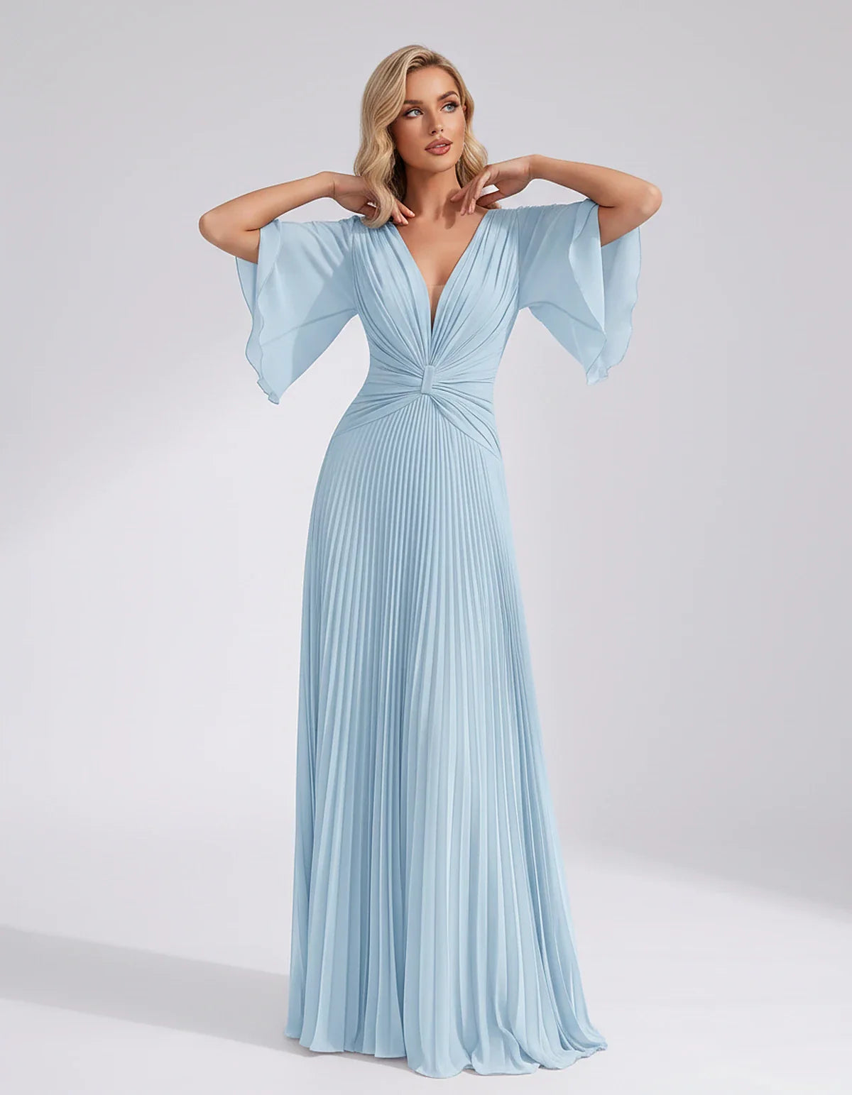 Pleated Chiffon Flutter Sleeve V-Neck A-Line Maxi Dress for Bridesmaid, Wedding Guest, Cocktail, Evening & Summer Events, fro | SKU: EMD-741852963074185-LIGHTBLUE-L,EMD-741852963074185-LIGHTBLUE-M,EMD-741852963074185-LIGHTBLUE-S,EMD-741852963074185-LIGHTBLUE-XL,EMD-741852963074185-LIGHTBLUE-XS