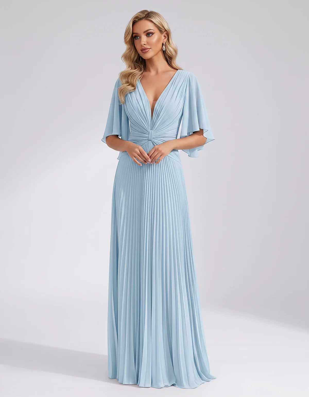 Pleated Chiffon Flutter Sleeve V-Neck A-Line Maxi Dress for Bridesmaid, Wedding Guest, Cocktail, Evening & Summer Events, fro | SKU: EMD-741852963074185-LIGHTBLUE-L,EMD-741852963074185-LIGHTBLUE-M,EMD-741852963074185-LIGHTBLUE-S,EMD-741852963074185-LIGHTBLUE-XL,EMD-741852963074185-LIGHTBLUE-XS