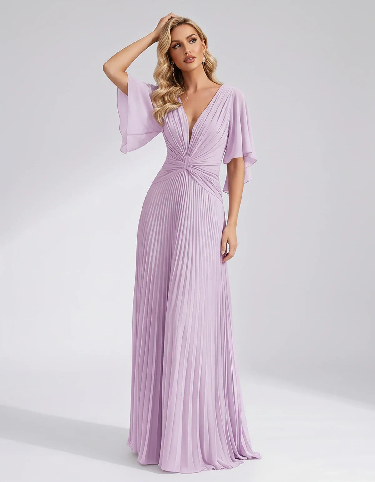 Pleated Chiffon Flutter Sleeve V-Neck A-Line Maxi Dress for Bridesmaid, Wedding Guest, Cocktail, Evening & Summer Events, fro | SKU: EMD-741852963074185-LILAC-L,EMD-741852963074185-LILAC-M,EMD-741852963074185-LILAC-S,EMD-741852963074185-LILAC-XL,EMD-741852963074185-LILAC-XS