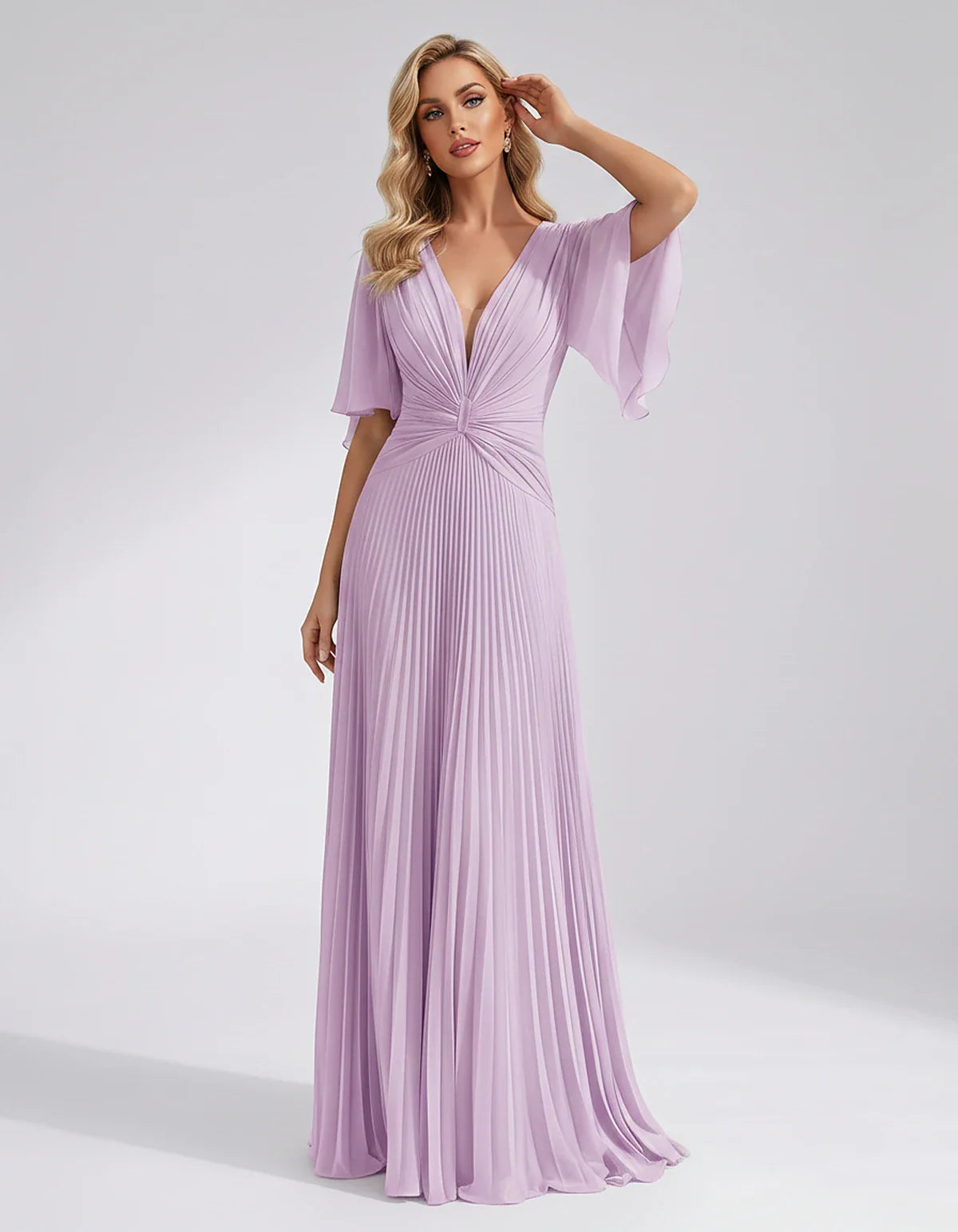 Pleated Chiffon Flutter Sleeve V-Neck A-Line Maxi Dress for Bridesmaid, Wedding Guest, Cocktail, Evening & Summer Events, fro | SKU: EMD-741852963074185-LILAC-L,EMD-741852963074185-LILAC-M,EMD-741852963074185-LILAC-S,EMD-741852963074185-LILAC-XL,EMD-741852963074185-LILAC-XS