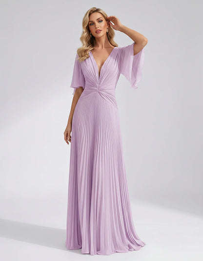 Pleated Chiffon Flutter Sleeve V-Neck A-Line Maxi Dress for Bridesmaid, Wedding Guest, Cocktail, Evening & Summer Events, fro | SKU: EMD-741852963074185-LILAC-L,EMD-741852963074185-LILAC-M,EMD-741852963074185-LILAC-S,EMD-741852963074185-LILAC-XL,EMD-741852963074185-LILAC-XS