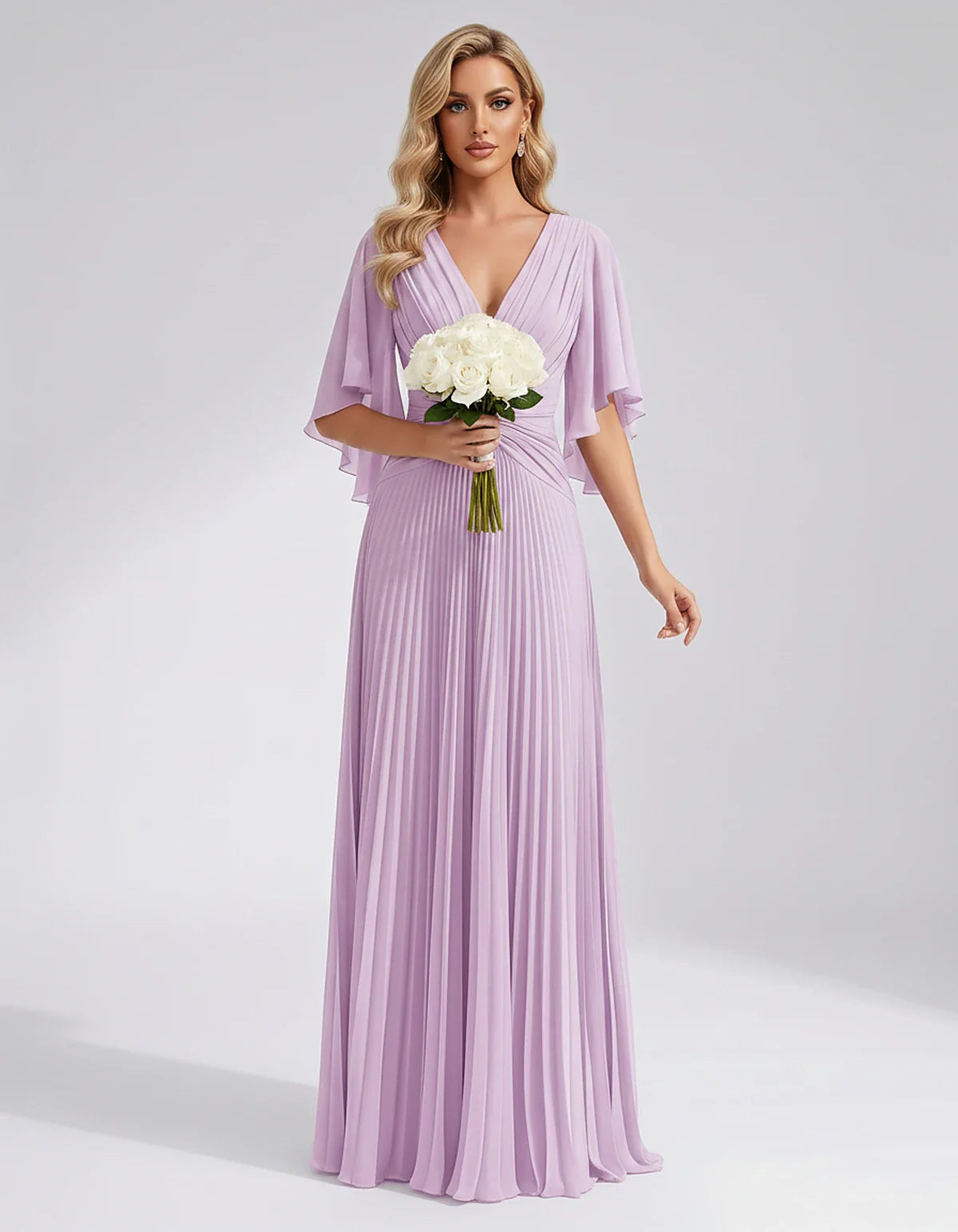 Pleated Chiffon Flutter Sleeve V-Neck A-Line Maxi Dress for Bridesmaid, Wedding Guest, Cocktail, Evening & Summer Events, fro | SKU: EMD-741852963074185-LILAC-L,EMD-741852963074185-LILAC-M,EMD-741852963074185-LILAC-S,EMD-741852963074185-LILAC-XL,EMD-741852963074185-LILAC-XS