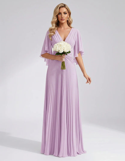 Pleated Chiffon Flutter Sleeve V-Neck A-Line Maxi Dress for Bridesmaid, Wedding Guest, Cocktail, Evening & Summer Events, fro | SKU: EMD-741852963074185-LILAC-L,EMD-741852963074185-LILAC-M,EMD-741852963074185-LILAC-S,EMD-741852963074185-LILAC-XL,EMD-741852963074185-LILAC-XS