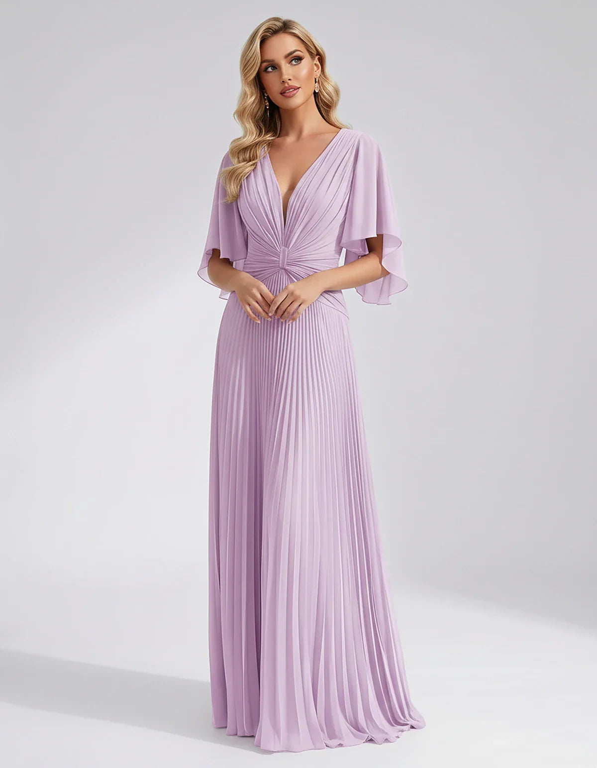 Pleated Chiffon Flutter Sleeve V-Neck A-Line Maxi Dress for Bridesmaid, Wedding Guest, Cocktail, Evening & Summer Events, fro | SKU: EMD-741852963074185-LILAC-L,EMD-741852963074185-LILAC-M,EMD-741852963074185-LILAC-S,EMD-741852963074185-LILAC-XL,EMD-741852963074185-LILAC-XS