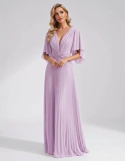 Pleated Chiffon Flutter Sleeve V-Neck A-Line Maxi Dress for Bridesmaid, Wedding Guest, Cocktail, Evening & Summer Events, fro | SKU: EMD-741852963074185-LILAC-L,EMD-741852963074185-LILAC-M,EMD-741852963074185-LILAC-S,EMD-741852963074185-LILAC-XL,EMD-741852963074185-LILAC-XS