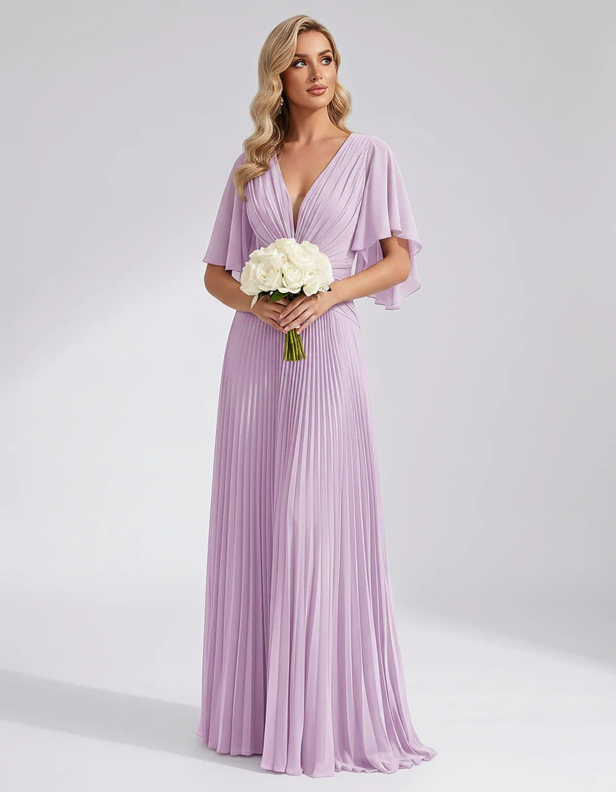 Pleated Chiffon Flutter Sleeve V-Neck A-Line Maxi Dress for Bridesmaid, Wedding Guest, Cocktail, Evening & Summer Events, fro | SKU: EMD-741852963074185-LILAC-L,EMD-741852963074185-LILAC-M,EMD-741852963074185-LILAC-S,EMD-741852963074185-LILAC-XL,EMD-741852963074185-LILAC-XS