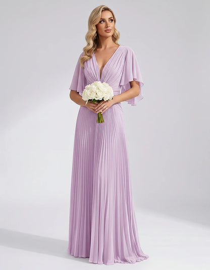 Pleated Chiffon Flutter Sleeve V-Neck A-Line Maxi Dress for Bridesmaid, Wedding Guest, Cocktail, Evening & Summer Events, fro | SKU: EMD-741852963074185-LILAC-L,EMD-741852963074185-LILAC-M,EMD-741852963074185-LILAC-S,EMD-741852963074185-LILAC-XL,EMD-741852963074185-LILAC-XS