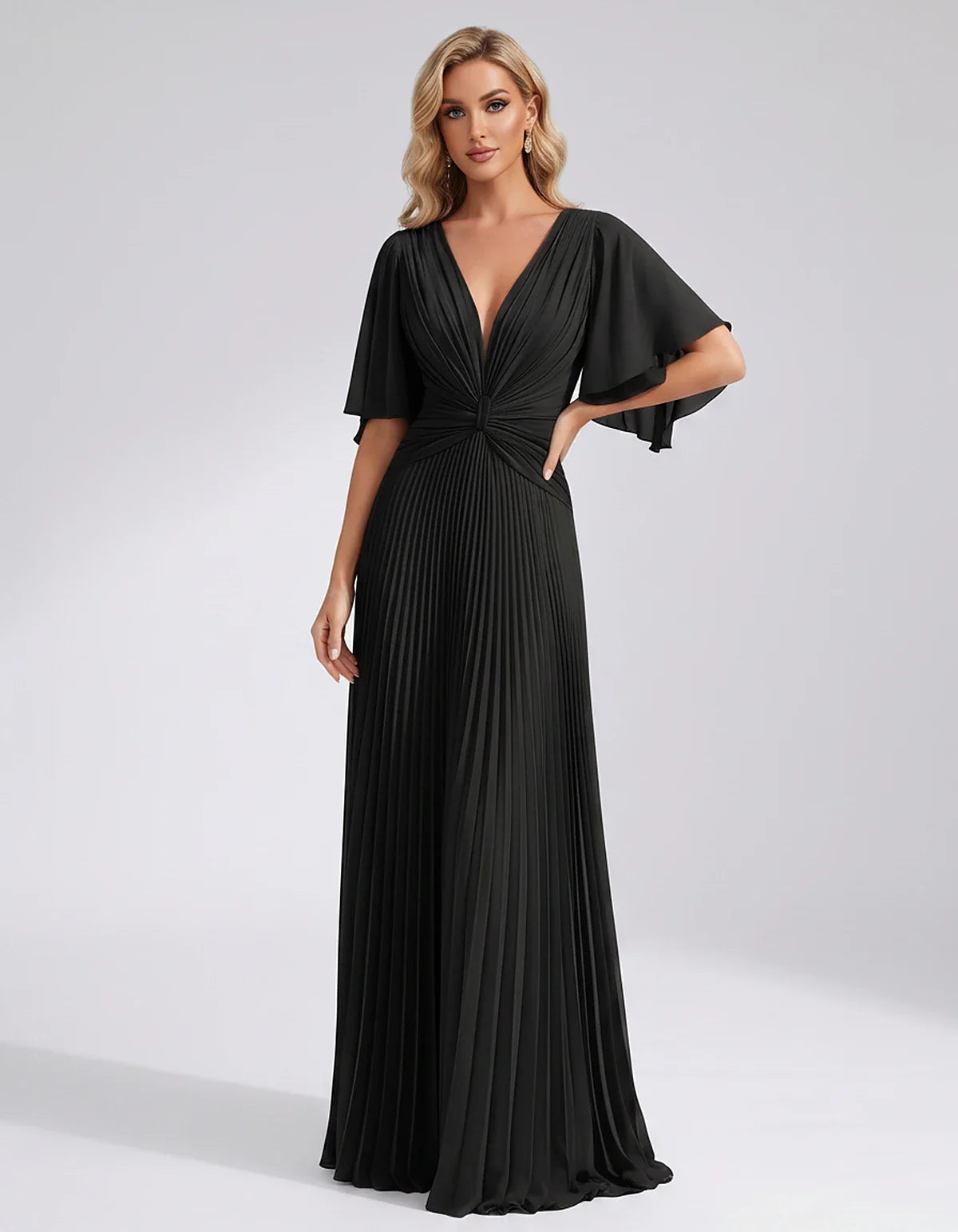 Pleated Chiffon Flutter Sleeve V-Neck A-Line Maxi Dress for Bridesmaid, Wedding Guest, Cocktail, Evening & Summer Events, fro | SKU: EMD-741852963074185-BLACK-L,EMD-741852963074185-BLACK-M,EMD-741852963074185-BLACK-S,EMD-741852963074185-BLACK-XL,EMD-741852963074185-BLACK-XS