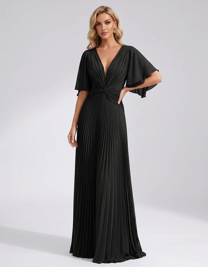 Pleated Chiffon Flutter Sleeve V-Neck A-Line Maxi Dress for Bridesmaid, Wedding Guest, Cocktail, Evening & Summer Events, fro | SKU: EMD-741852963074185-BLACK-L,EMD-741852963074185-BLACK-M,EMD-741852963074185-BLACK-S,EMD-741852963074185-BLACK-XL,EMD-741852963074185-BLACK-XS