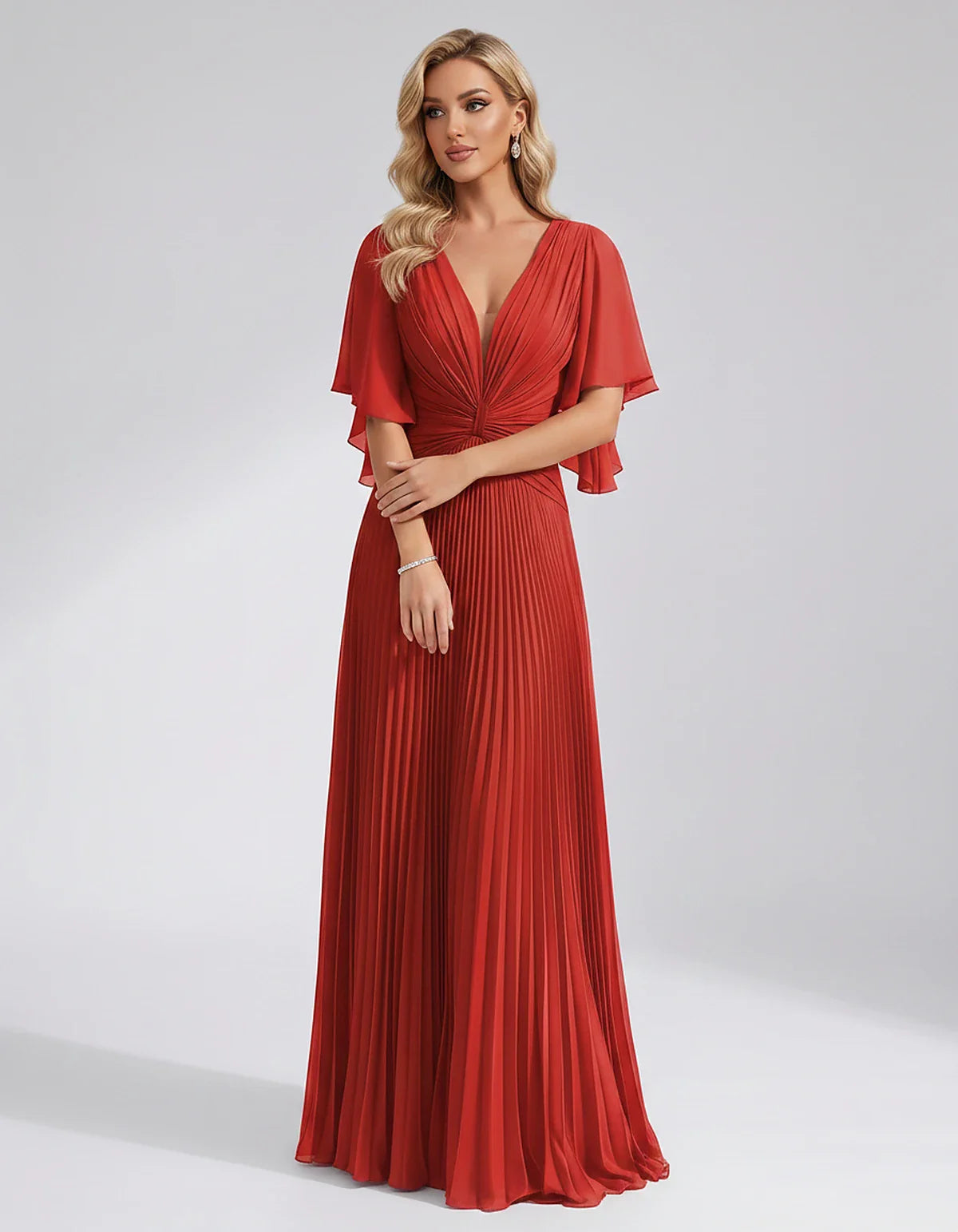 Pleated Chiffon Flutter Sleeve V-Neck A-Line Maxi Dress for Bridesmaid, Wedding Guest, Cocktail, Evening & Summer Events, fro | SKU: EMD-741852963074185-RED-L,EMD-741852963074185-RED-M,EMD-741852963074185-RED-S,EMD-741852963074185-RED-XL,EMD-741852963074185-RED-XS