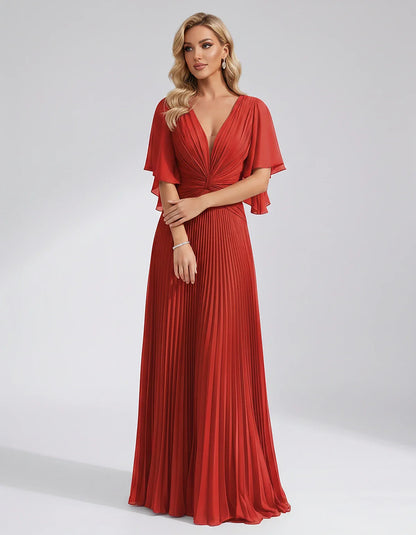 Pleated Chiffon Flutter Sleeve V-Neck A-Line Maxi Dress for Bridesmaid, Wedding Guest, Cocktail, Evening & Summer Events, fro | SKU: EMD-741852963074185-RED-L,EMD-741852963074185-RED-M,EMD-741852963074185-RED-S,EMD-741852963074185-RED-XL,EMD-741852963074185-RED-XS