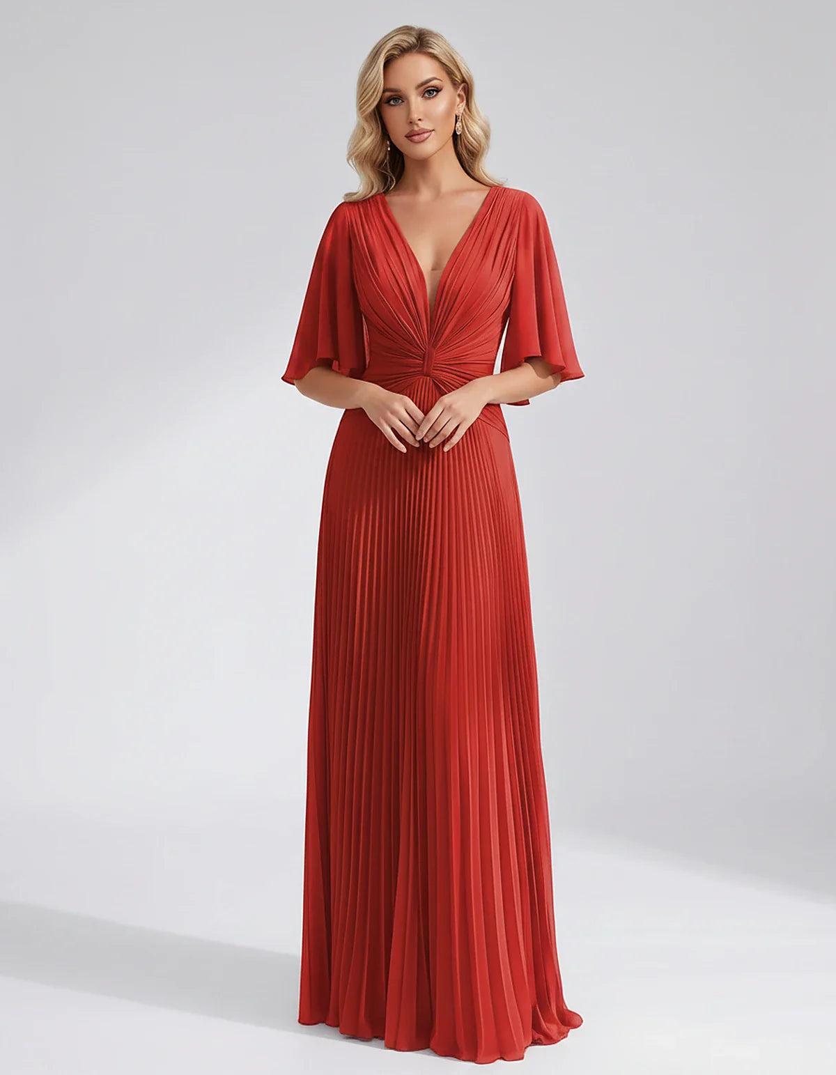 Pleated Chiffon Flutter Sleeve V-Neck A-Line Maxi Dress for Bridesmaid, Wedding Guest, Cocktail, Evening & Summer Events, fro | SKU: EMD-741852963074185-RED-L,EMD-741852963074185-RED-M,EMD-741852963074185-RED-S,EMD-741852963074185-RED-XL,EMD-741852963074185-RED-XS