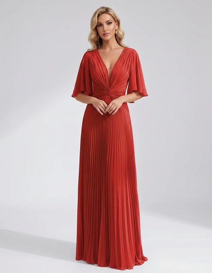 Pleated Chiffon Flutter Sleeve V-Neck A-Line Maxi Dress for Bridesmaid, Wedding Guest, Cocktail, Evening & Summer Events, fro | SKU: EMD-741852963074185-RED-L,EMD-741852963074185-RED-M,EMD-741852963074185-RED-S,EMD-741852963074185-RED-XL,EMD-741852963074185-RED-XS
