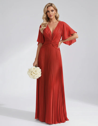 Pleated Chiffon Flutter Sleeve V-Neck A-Line Maxi Dress for Bridesmaid, Wedding Guest, Cocktail, Evening & Summer Events, fro | SKU: EMD-741852963074185-RED-L,EMD-741852963074185-RED-M,EMD-741852963074185-RED-S,EMD-741852963074185-RED-XL,EMD-741852963074185-RED-XS