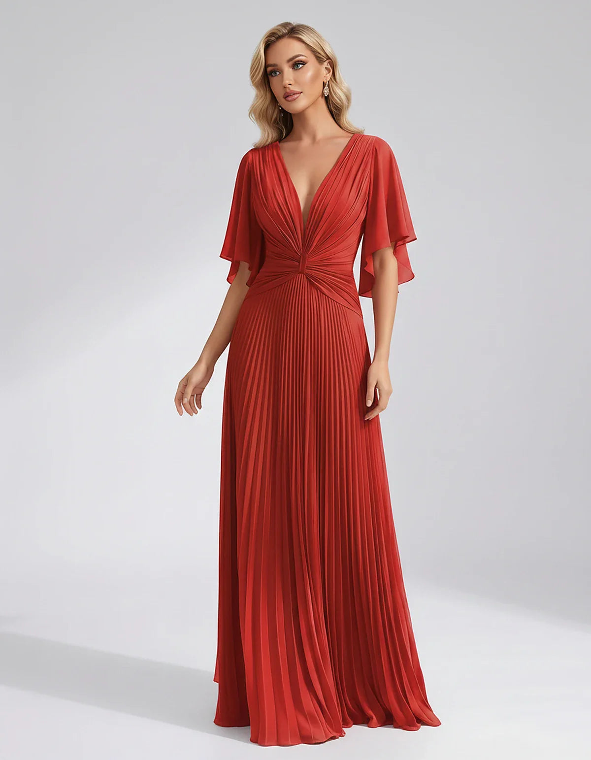 Pleated Chiffon Flutter Sleeve V-Neck A-Line Maxi Dress for Bridesmaid, Wedding Guest, Cocktail, Evening & Summer Events, fro | SKU: EMD-741852963074185-RED-L,EMD-741852963074185-RED-M,EMD-741852963074185-RED-S,EMD-741852963074185-RED-XL,EMD-741852963074185-RED-XS