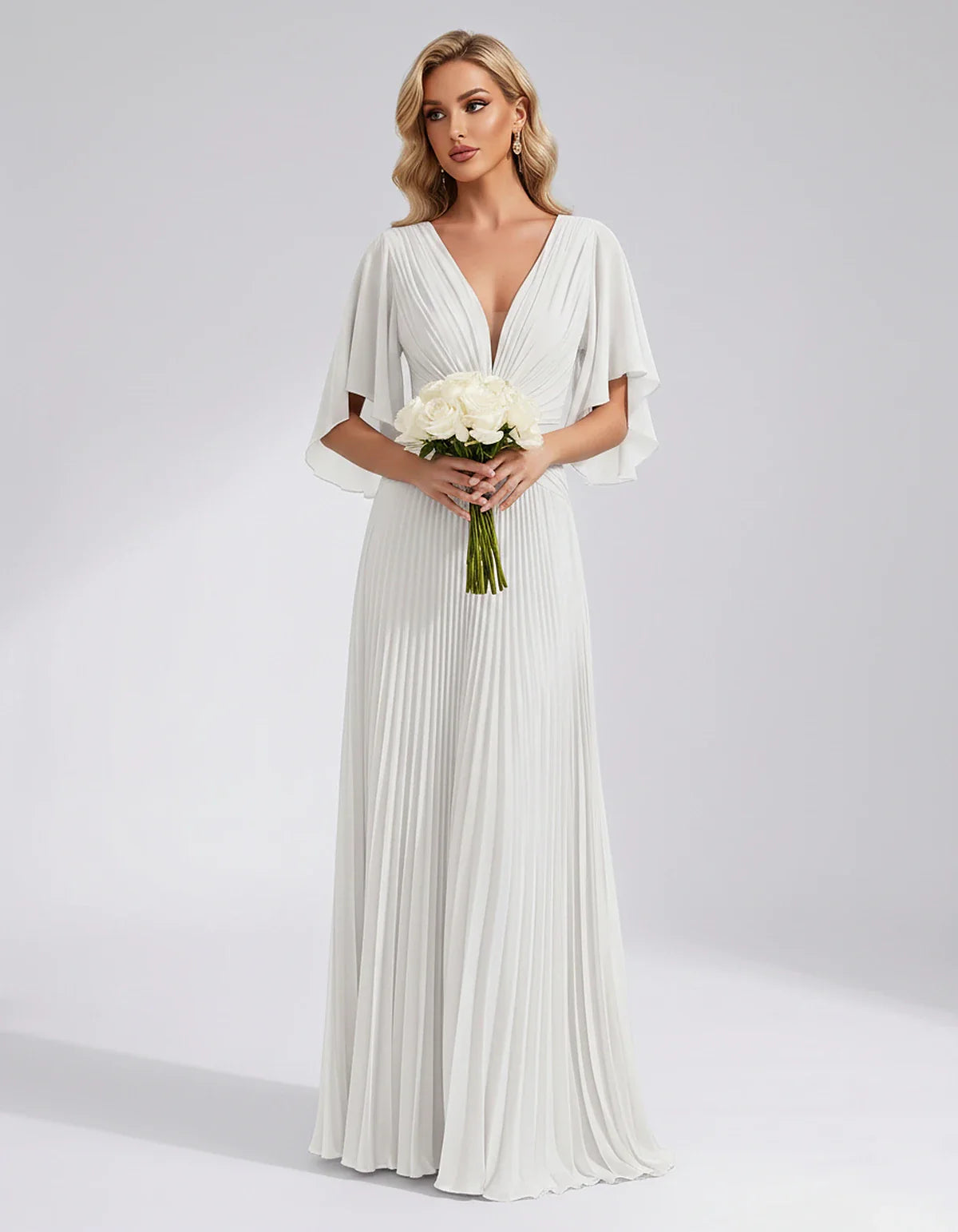 Pleated Chiffon Flutter Sleeve V-Neck A-Line Maxi Dress for Bridesmaid, Wedding Guest, Cocktail, Evening & Summer Events, fro | SKU: EMD-741852963074185-WHITE-L,EMD-741852963074185-WHITE-M,EMD-741852963074185-WHITE-S,EMD-741852963074185-WHITE-XL,EMD-741852963074185-WHITE-XS