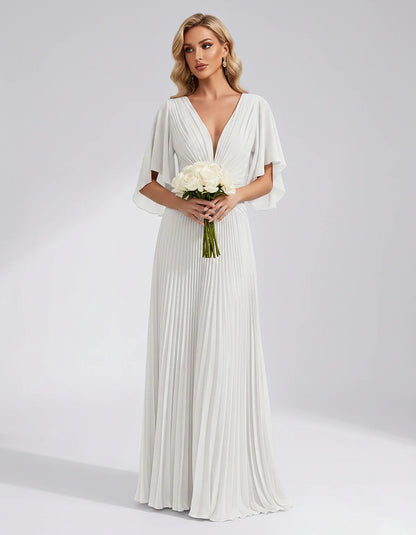 Pleated Chiffon Flutter Sleeve V-Neck A-Line Maxi Dress for Bridesmaid, Wedding Guest, Cocktail, Evening & Summer Events, fro | SKU: EMD-741852963074185-WHITE-L,EMD-741852963074185-WHITE-M,EMD-741852963074185-WHITE-S,EMD-741852963074185-WHITE-XL,EMD-741852963074185-WHITE-XS