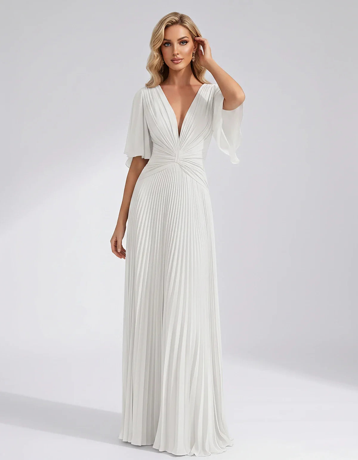 Pleated Chiffon Flutter Sleeve V-Neck A-Line Maxi Dress for Bridesmaid, Wedding Guest, Cocktail, Evening & Summer Events, fro | SKU: EMD-741852963074185-WHITE-L,EMD-741852963074185-WHITE-M,EMD-741852963074185-WHITE-S,EMD-741852963074185-WHITE-XL,EMD-741852963074185-WHITE-XS