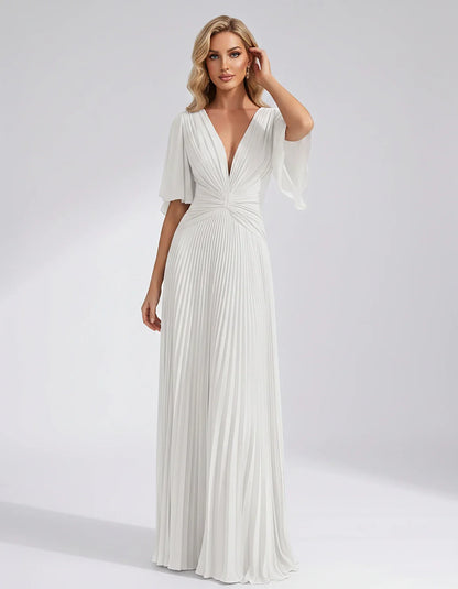 Pleated Chiffon Flutter Sleeve V-Neck A-Line Maxi Dress for Bridesmaid, Wedding Guest, Cocktail, Evening & Summer Events, fro | SKU: EMD-741852963074185-WHITE-L,EMD-741852963074185-WHITE-M,EMD-741852963074185-WHITE-S,EMD-741852963074185-WHITE-XL,EMD-741852963074185-WHITE-XS