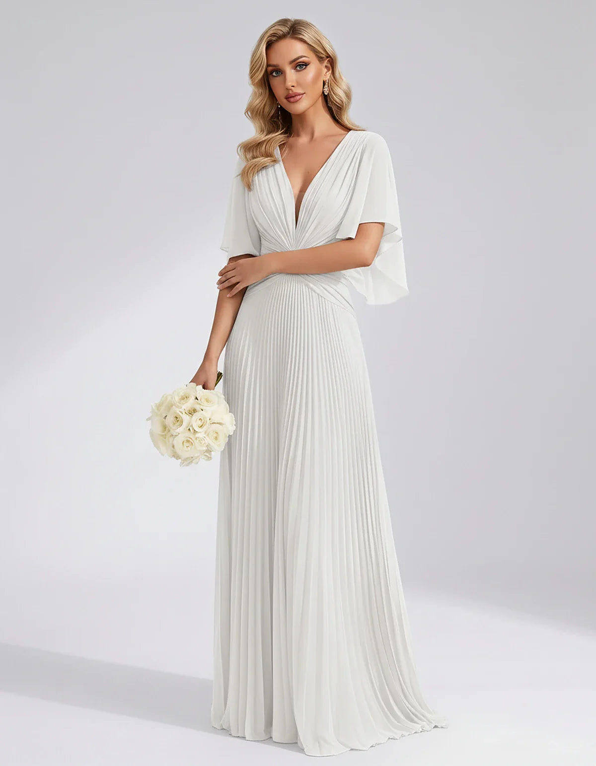 Pleated Chiffon Flutter Sleeve V-Neck A-Line Maxi Dress for Bridesmaid, Wedding Guest, Cocktail, Evening & Summer Events, fro | SKU: EMD-741852963074185-WHITE-L,EMD-741852963074185-WHITE-M,EMD-741852963074185-WHITE-S,EMD-741852963074185-WHITE-XL,EMD-741852963074185-WHITE-XS