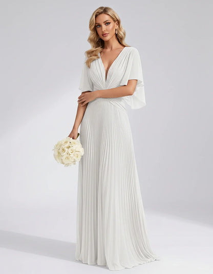 Pleated Chiffon Flutter Sleeve V-Neck A-Line Maxi Dress for Bridesmaid, Wedding Guest, Cocktail, Evening & Summer Events, fro | SKU: EMD-741852963074185-WHITE-L,EMD-741852963074185-WHITE-M,EMD-741852963074185-WHITE-S,EMD-741852963074185-WHITE-XL,EMD-741852963074185-WHITE-XS