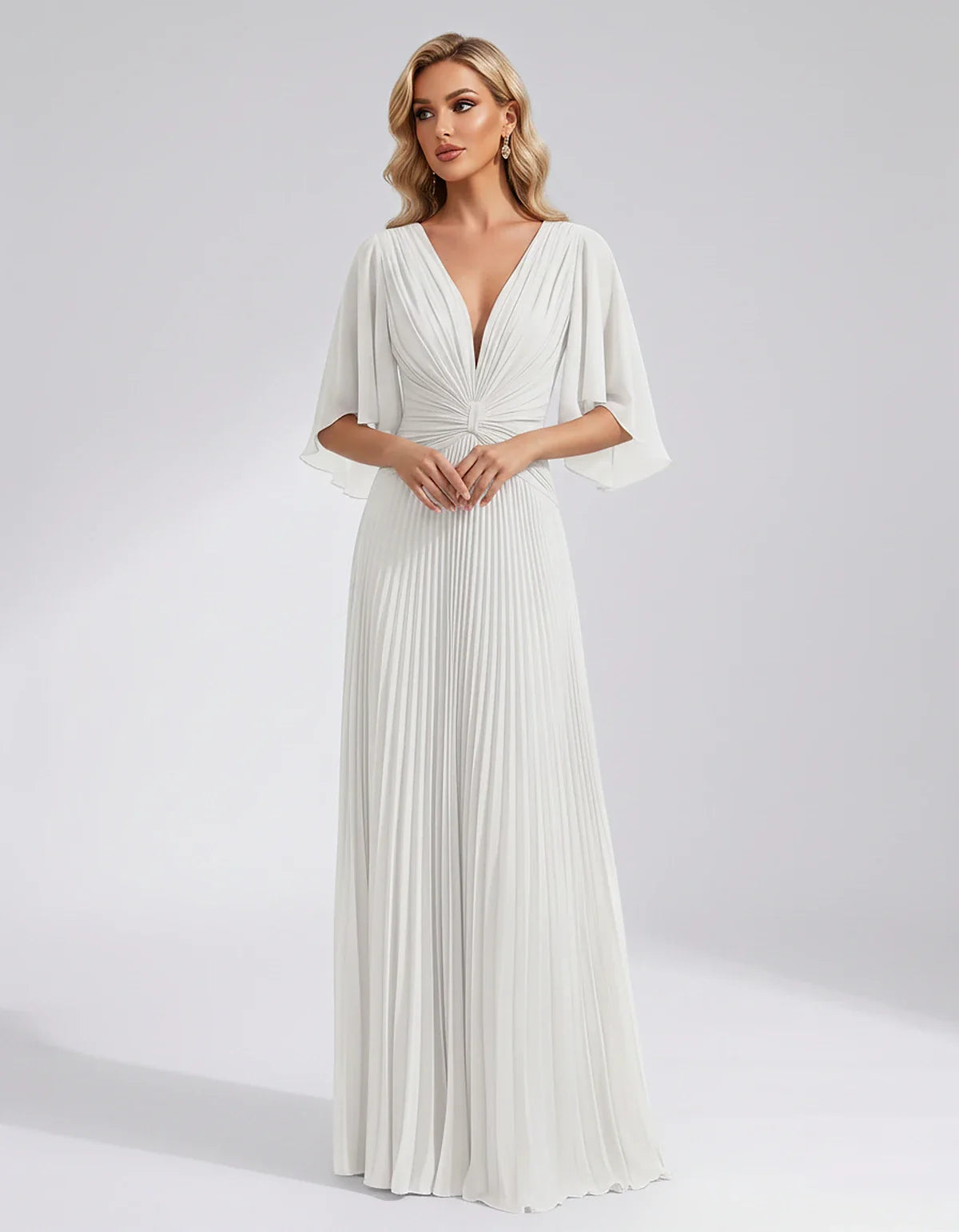 Pleated Chiffon Flutter Sleeve V-Neck A-Line Maxi Dress for Bridesmaid, Wedding Guest, Cocktail, Evening & Summer Events, fro | SKU: EMD-741852963074185-WHITE-L,EMD-741852963074185-WHITE-M,EMD-741852963074185-WHITE-S,EMD-741852963074185-WHITE-XL,EMD-741852963074185-WHITE-XS