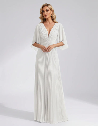 Pleated Chiffon Flutter Sleeve V-Neck A-Line Maxi Dress for Bridesmaid, Wedding Guest, Cocktail, Evening & Summer Events, fro | SKU: EMD-741852963074185-WHITE-L,EMD-741852963074185-WHITE-M,EMD-741852963074185-WHITE-S,EMD-741852963074185-WHITE-XL,EMD-741852963074185-WHITE-XS