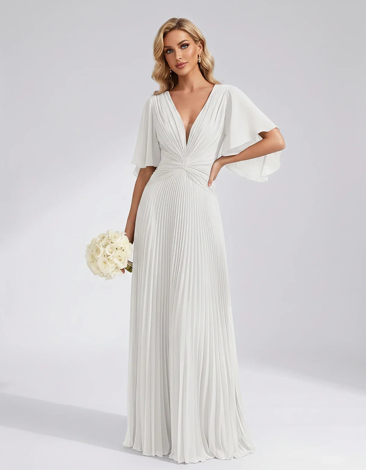 Pleated Chiffon Flutter Sleeve V-Neck A-Line Maxi Dress for Bridesmaid, Wedding Guest, Cocktail, Evening & Summer Events, fro | SKU: EMD-741852963074185-WHITE-L,EMD-741852963074185-WHITE-M,EMD-741852963074185-WHITE-S,EMD-741852963074185-WHITE-XL,EMD-741852963074185-WHITE-XS