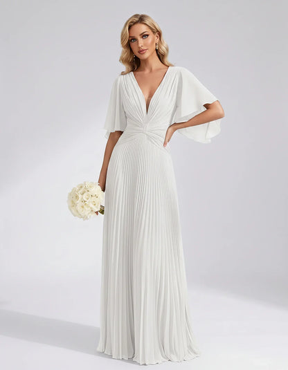 Pleated Chiffon Flutter Sleeve V-Neck A-Line Maxi Dress for Bridesmaid, Wedding Guest, Cocktail, Evening & Summer Events, fro | SKU: EMD-741852963074185-WHITE-L,EMD-741852963074185-WHITE-M,EMD-741852963074185-WHITE-S,EMD-741852963074185-WHITE-XL,EMD-741852963074185-WHITE-XS