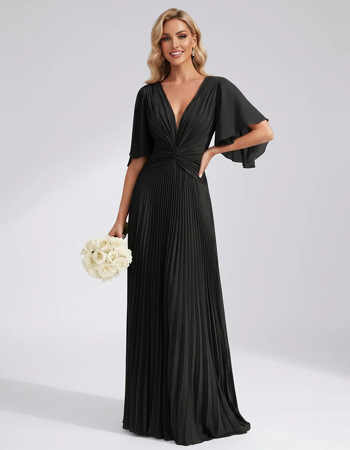 Pleated Chiffon Flutter Sleeve V-Neck A-Line Maxi Dress for Bridesmaid, Wedding Guest, Cocktail, Evening & Summer Events, fro | SKU: EMD-741852963074185-BLACK-L,EMD-741852963074185-BLACK-M,EMD-741852963074185-BLACK-S,EMD-741852963074185-BLACK-XL,EMD-741852963074185-BLACK-XS