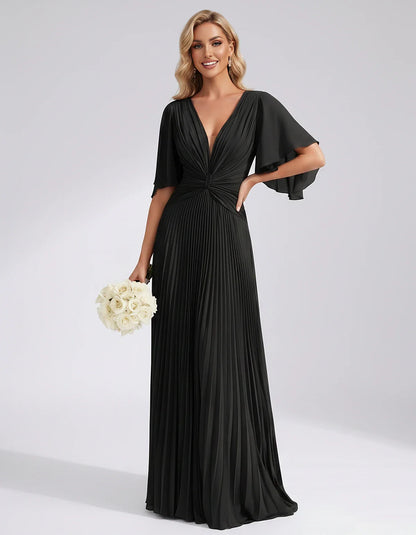 Pleated Chiffon Flutter Sleeve V-Neck A-Line Maxi Dress for Bridesmaid, Wedding Guest, Cocktail, Evening & Summer Events, fro | SKU: EMD-741852963074185-BLACK-L,EMD-741852963074185-BLACK-M,EMD-741852963074185-BLACK-S,EMD-741852963074185-BLACK-XL,EMD-741852963074185-BLACK-XS