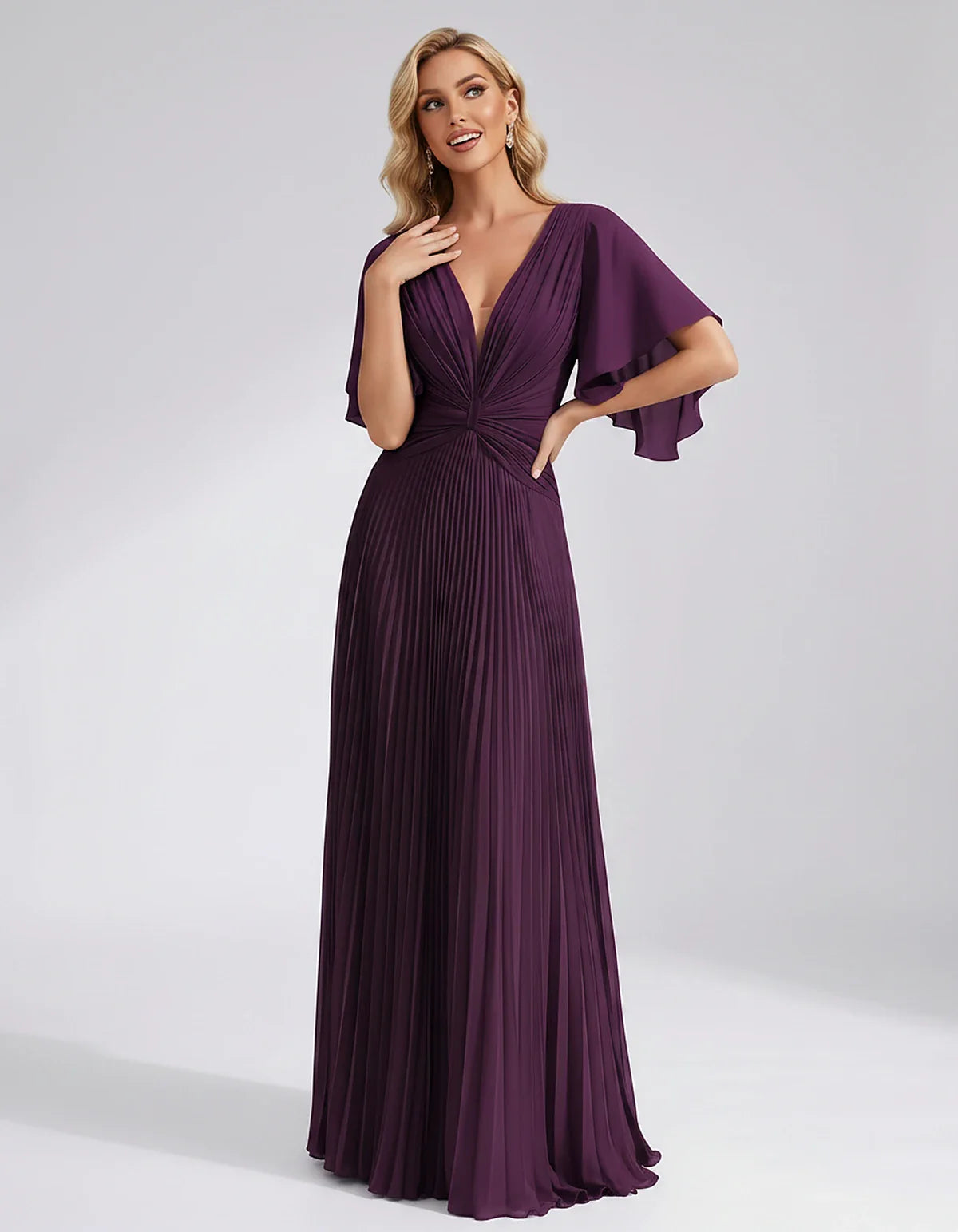 Pleated Chiffon Flutter Sleeve V-Neck A-Line Maxi Dress for Bridesmaid, Wedding Guest, Cocktail, Evening & Summer Events, fro | SKU: EMD-741852963074185-PLUM-L,EMD-741852963074185-PLUM-M,EMD-741852963074185-PLUM-S,EMD-741852963074185-PLUM-XL,EMD-741852963074185-PLUM-XS