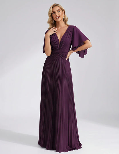 Pleated Chiffon Flutter Sleeve V-Neck A-Line Maxi Dress for Bridesmaid, Wedding Guest, Cocktail, Evening & Summer Events, fro | SKU: EMD-741852963074185-PLUM-L,EMD-741852963074185-PLUM-M,EMD-741852963074185-PLUM-S,EMD-741852963074185-PLUM-XL,EMD-741852963074185-PLUM-XS