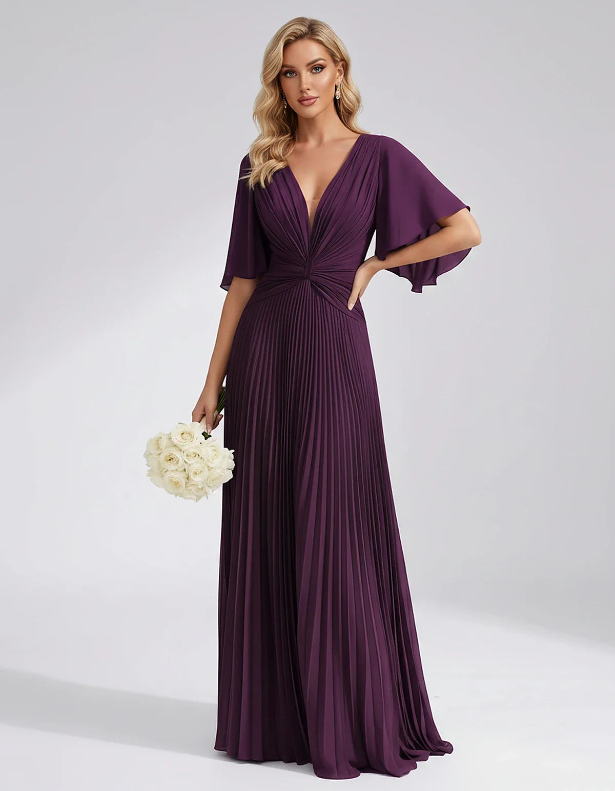 Pleated Chiffon Flutter Sleeve V-Neck A-Line Maxi Dress for Bridesmaid, Wedding Guest, Cocktail, Evening & Summer Events, fro | SKU: EMD-741852963074185-PLUM-L,EMD-741852963074185-PLUM-M,EMD-741852963074185-PLUM-S,EMD-741852963074185-PLUM-XL,EMD-741852963074185-PLUM-XS