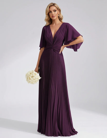 Pleated Chiffon Flutter Sleeve V-Neck A-Line Maxi Dress for Bridesmaid, Wedding Guest, Cocktail, Evening & Summer Events, fro | SKU: EMD-741852963074185-PLUM-L,EMD-741852963074185-PLUM-M,EMD-741852963074185-PLUM-S,EMD-741852963074185-PLUM-XL,EMD-741852963074185-PLUM-XS
