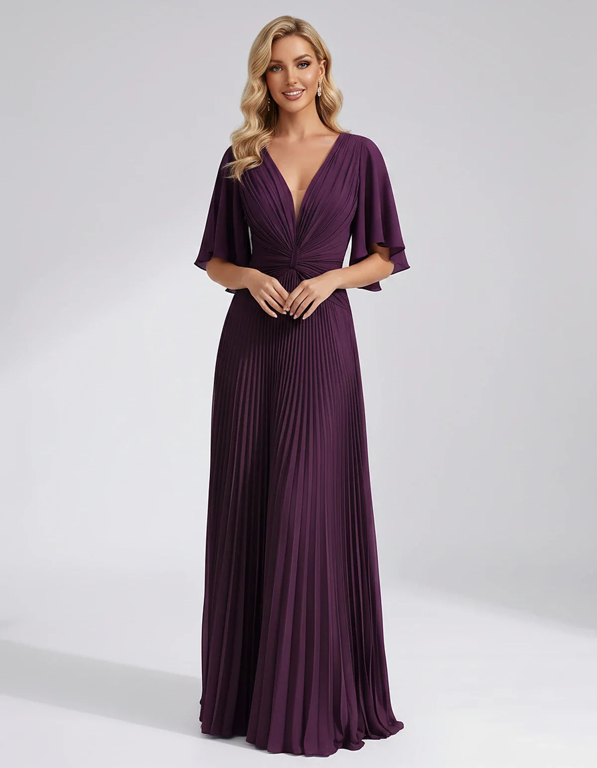Pleated Chiffon Flutter Sleeve V-Neck A-Line Maxi Dress for Bridesmaid, Wedding Guest, Cocktail, Evening & Summer Events, fro | SKU: EMD-741852963074185-PLUM-L,EMD-741852963074185-PLUM-M,EMD-741852963074185-PLUM-S,EMD-741852963074185-PLUM-XL,EMD-741852963074185-PLUM-XS
