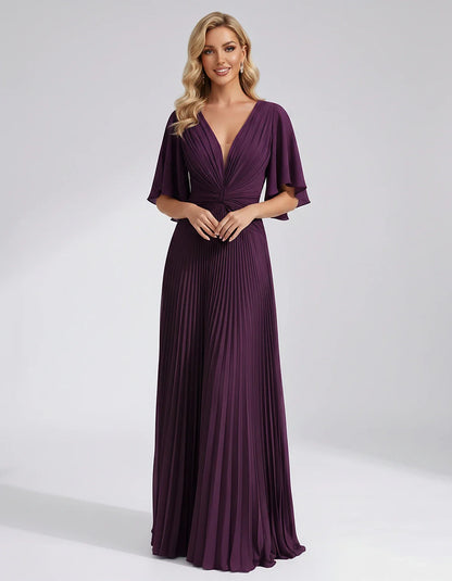 Pleated Chiffon Flutter Sleeve V-Neck A-Line Maxi Dress for Bridesmaid, Wedding Guest, Cocktail, Evening & Summer Events, fro | SKU: EMD-741852963074185-PLUM-L,EMD-741852963074185-PLUM-M,EMD-741852963074185-PLUM-S,EMD-741852963074185-PLUM-XL,EMD-741852963074185-PLUM-XS