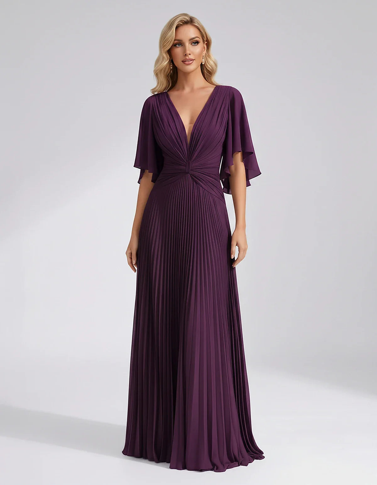 Pleated Chiffon Flutter Sleeve V-Neck A-Line Maxi Dress for Bridesmaid, Wedding Guest, Cocktail, Evening & Summer Events, fro | SKU: EMD-741852963074185-PLUM-L,EMD-741852963074185-PLUM-M,EMD-741852963074185-PLUM-S,EMD-741852963074185-PLUM-XL,EMD-741852963074185-PLUM-XS
