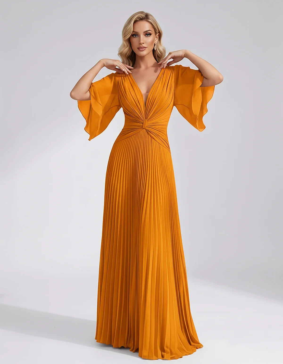 Pleated Chiffon Flutter Sleeve V-Neck A-Line Maxi Dress for Bridesmaid, Wedding Guest, Cocktail, Evening & Summer Events, fro | SKU: EMD-741852963074185-ORANGE-L,EMD-741852963074185-ORANGE-M,EMD-741852963074185-ORANGE-S,EMD-741852963074185-ORANGE-XL,EMD-741852963074185-ORANGE-XS