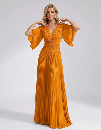 Pleated Chiffon Flutter Sleeve V-Neck A-Line Maxi Dress for Bridesmaid, Wedding Guest, Cocktail, Evening & Summer Events, fro | SKU: EMD-741852963074185-ORANGE-L,EMD-741852963074185-ORANGE-M,EMD-741852963074185-ORANGE-S,EMD-741852963074185-ORANGE-XL,EMD-741852963074185-ORANGE-XS