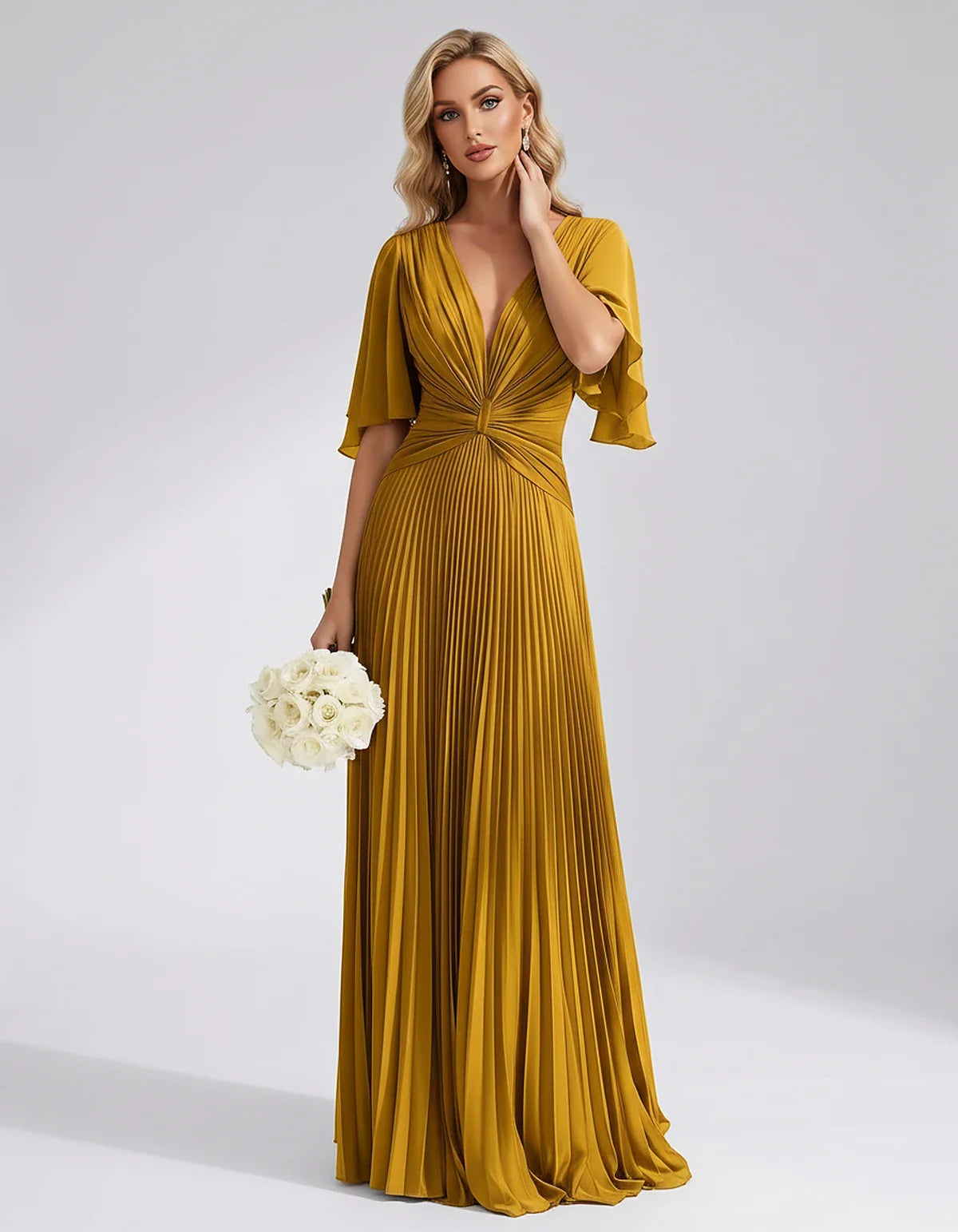 Pleated Chiffon Flutter Sleeve V-Neck A-Line Maxi Dress for Bridesmaid, Wedding Guest, Cocktail, Evening & Summer Events, fro | SKU: EMD-741852963074185-YELLOW-L,EMD-741852963074185-YELLOW-M,EMD-741852963074185-YELLOW-S,EMD-741852963074185-YELLOW-XL,EMD-741852963074185-YELLOW-XS