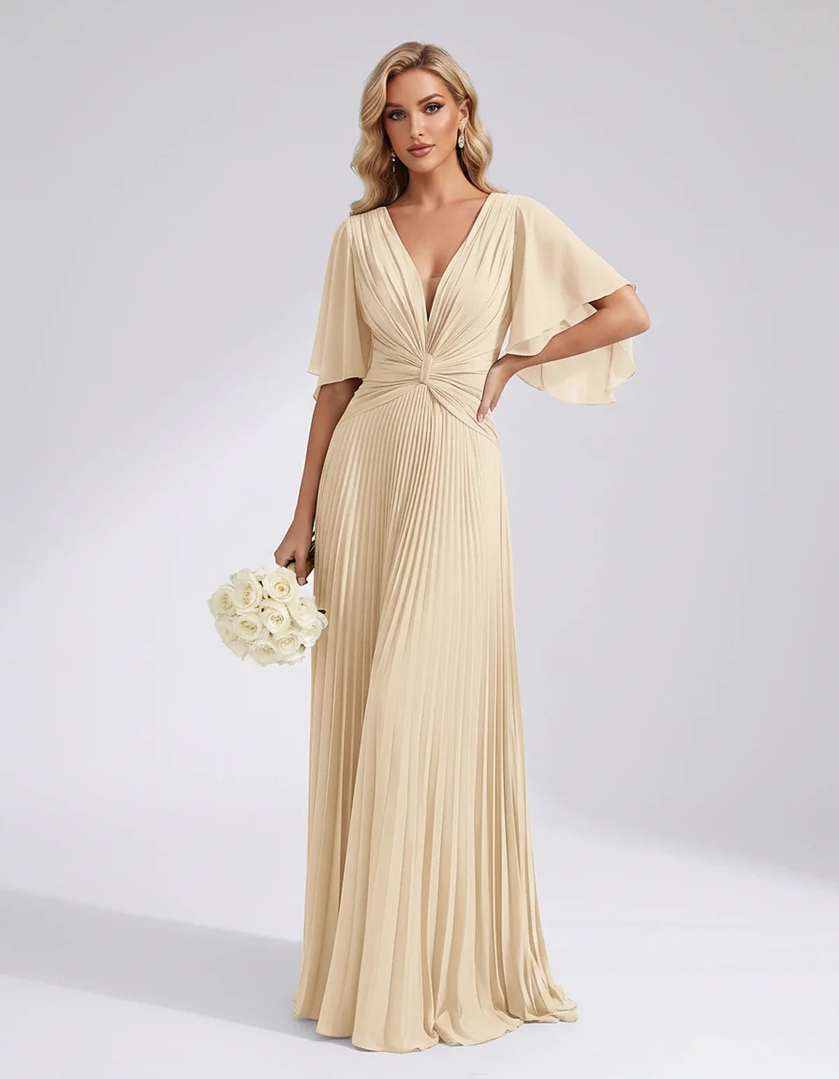 Pleated Chiffon Flutter Sleeve V-Neck A-Line Maxi Dress for Bridesmaid, Wedding Guest, Cocktail, Evening & Summer Events, fro | SKU: EMD-741852963074185-BEIGE-L,EMD-741852963074185-BEIGE-M,EMD-741852963074185-BEIGE-S,EMD-741852963074185-BEIGE-XL,EMD-741852963074185-BEIGE-XS