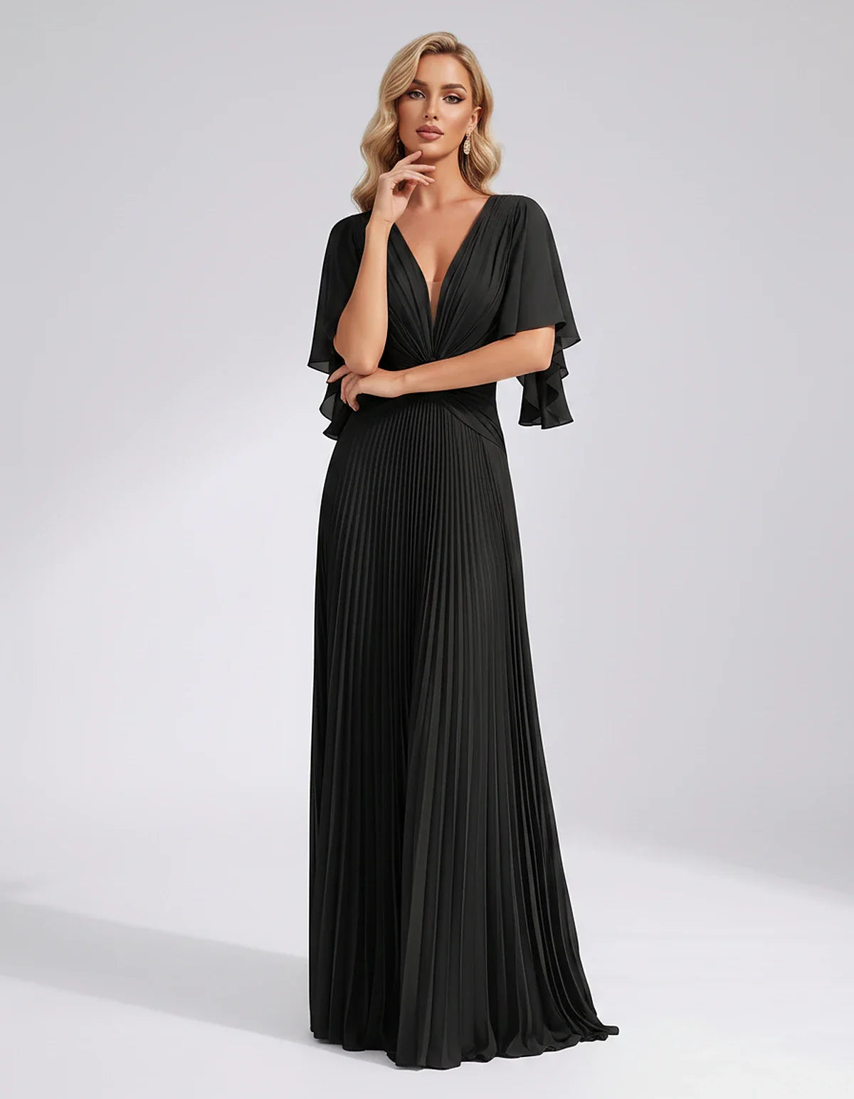 Pleated Chiffon Flutter Sleeve V-Neck A-Line Maxi Dress for Bridesmaid, Wedding Guest, Cocktail, Evening & Summer Events, fro | SKU: EMD-741852963074185-BLACK-L,EMD-741852963074185-BLACK-M,EMD-741852963074185-BLACK-S,EMD-741852963074185-BLACK-XL,EMD-741852963074185-BLACK-XS