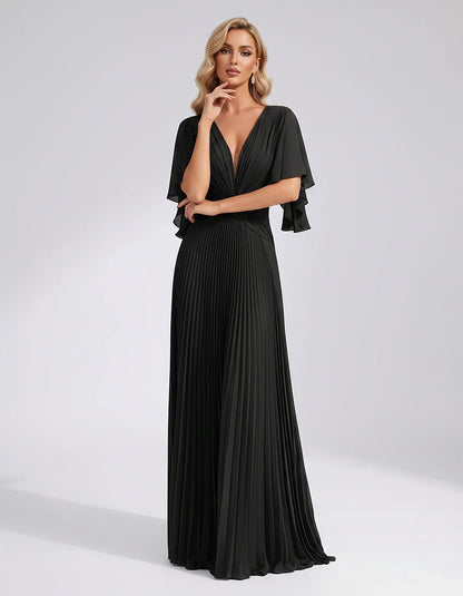 Pleated Chiffon Flutter Sleeve V-Neck A-Line Maxi Dress for Bridesmaid, Wedding Guest, Cocktail, Evening & Summer Events, fro | SKU: EMD-741852963074185-BLACK-L,EMD-741852963074185-BLACK-M,EMD-741852963074185-BLACK-S,EMD-741852963074185-BLACK-XL,EMD-741852963074185-BLACK-XS