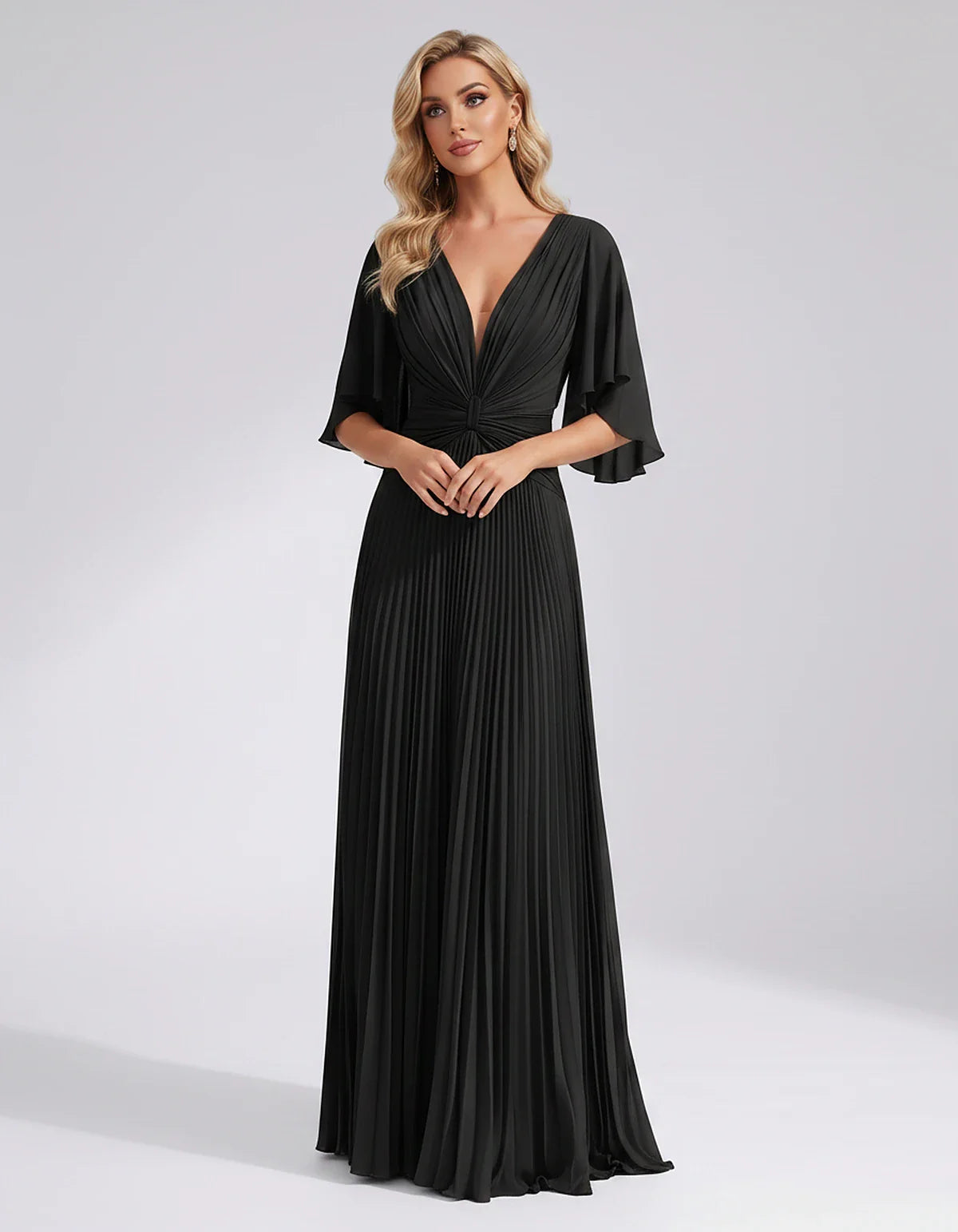 Pleated Chiffon Flutter Sleeve V-Neck A-Line Maxi Dress for Bridesmaid, Wedding Guest, Cocktail, Evening & Summer Events, fro | SKU: EMD-741852963074185-BLACK-L,EMD-741852963074185-BLACK-M,EMD-741852963074185-BLACK-S,EMD-741852963074185-BLACK-XL,EMD-741852963074185-BLACK-XS