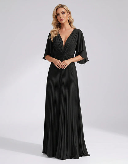 Pleated Chiffon Flutter Sleeve V-Neck A-Line Maxi Dress for Bridesmaid, Wedding Guest, Cocktail, Evening & Summer Events, fro | SKU: EMD-741852963074185-BLACK-L,EMD-741852963074185-BLACK-M,EMD-741852963074185-BLACK-S,EMD-741852963074185-BLACK-XL,EMD-741852963074185-BLACK-XS