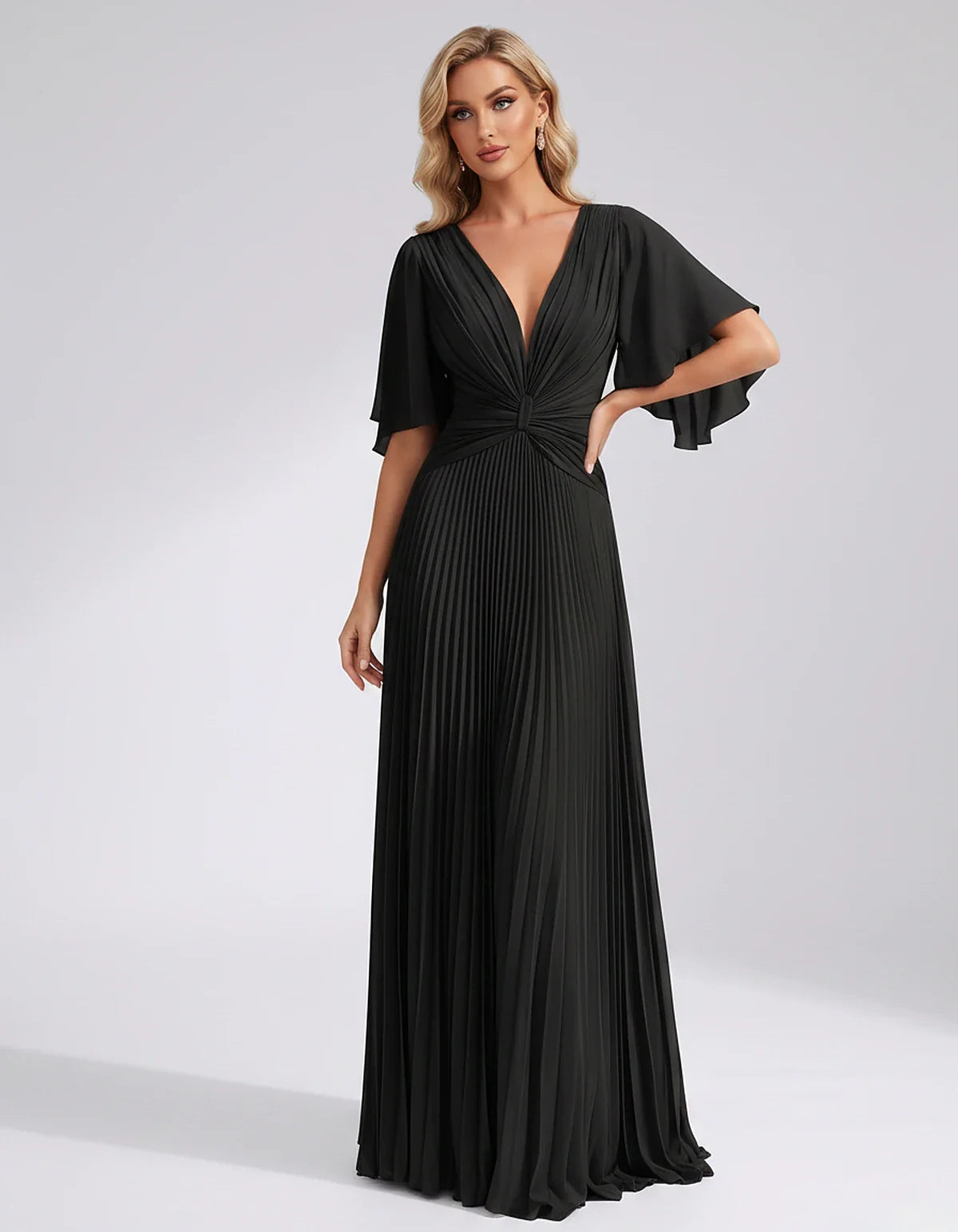 Pleated Chiffon Flutter Sleeve V-Neck A-Line Maxi Dress for Bridesmaid, Wedding Guest, Cocktail, Evening & Summer Events, fro | SKU: EMD-741852963074185-BLACK-L,EMD-741852963074185-BLACK-M,EMD-741852963074185-BLACK-S,EMD-741852963074185-BLACK-XL,EMD-741852963074185-BLACK-XS