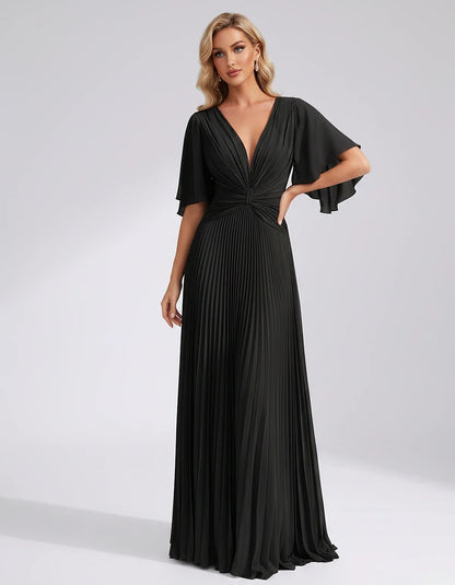 Pleated Chiffon Flutter Sleeve V-Neck A-Line Maxi Dress for Bridesmaid, Wedding Guest, Cocktail, Evening & Summer Events, fro | SKU: EMD-741852963074185-BLACK-L,EMD-741852963074185-BLACK-M,EMD-741852963074185-BLACK-S,EMD-741852963074185-BLACK-XL,EMD-741852963074185-BLACK-XS