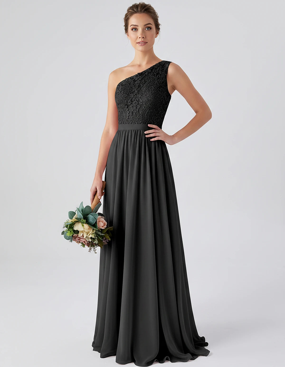 Lace Chiffon Sleeveless One-Shoulder A-Line Maxi Dress for Party, Cocktail, Evening, Wedding Guest & Summer Events, front vie